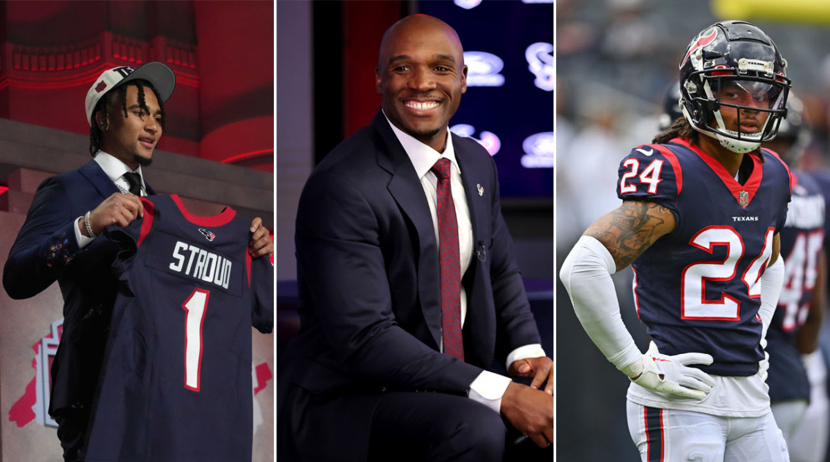 Quarterback C.J. Stroud holds his new Texans jersey up at the draft; coach DeMeco Ryans sits and smiles; Derek Stingley Jr. stands with both hands on his hips